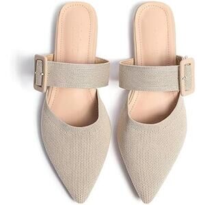 Meknitva Womens 9.5W Wide Tan Pointed Toe Mule Flat Slip On Sandal Shoes